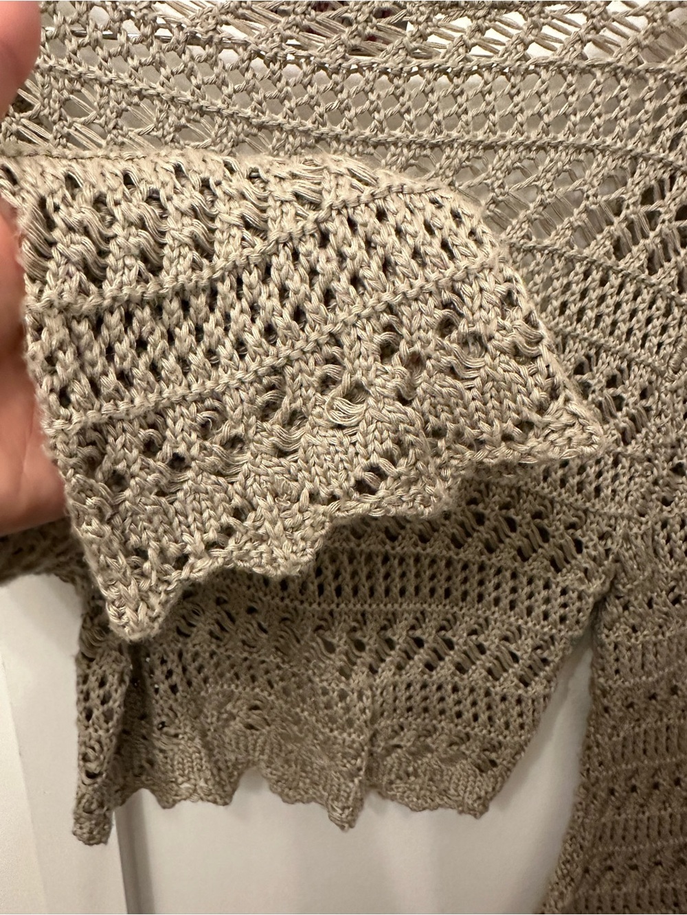 Y2K “Say What?” Crochet Tie-Front Cardigan in Taupe - Picture 6 of 7